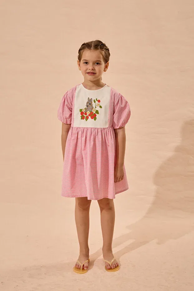 Детское платье для девочек с коротким рукавом Rabbit Embroidered Gingham Dress Fahhar Kids, Pink