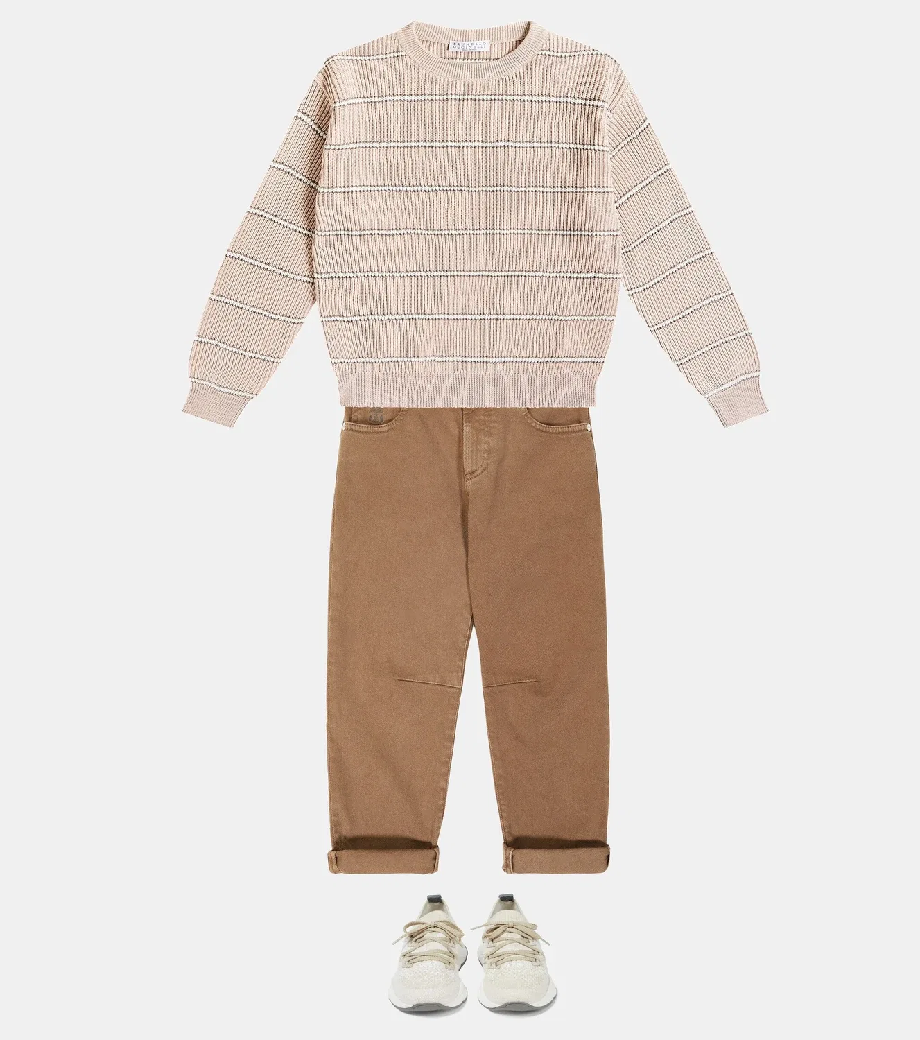 Свитер хлопковый Brunello Cucinelli Kids, бежевый — фото 2
