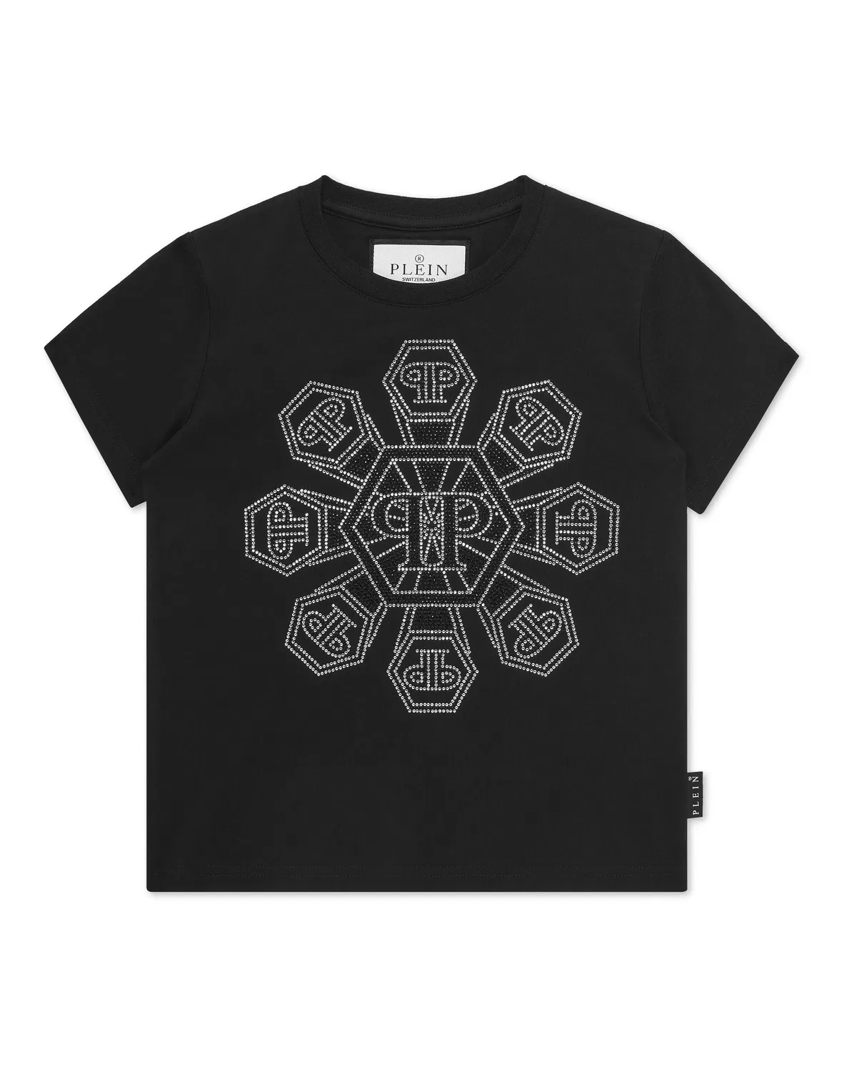 Детская футболка с коротким рукавом и стразами-монограммой T-shirt Round Neck SS Strass Monogram PHILIPP PLEIN, черный