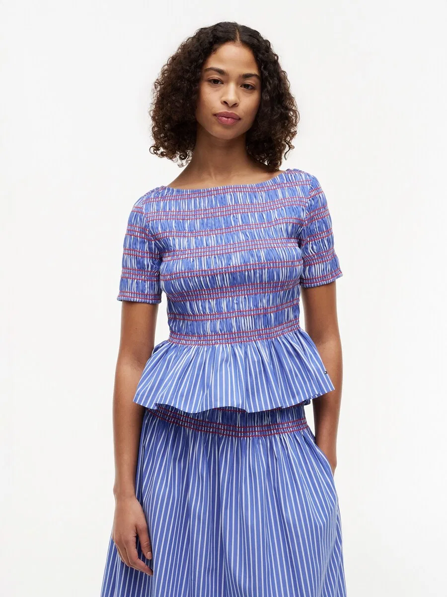 Блузка TOMMY HILFIGER 'Smock Stripe Ruffle' синего цвета — фото 3