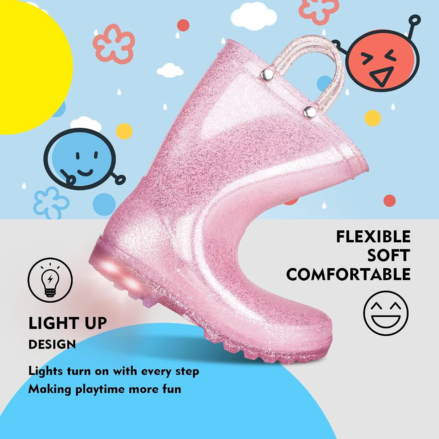 Детские сапоги дождевые со светящейся подошвой GAWBAW, Shiny Pink — фото 4