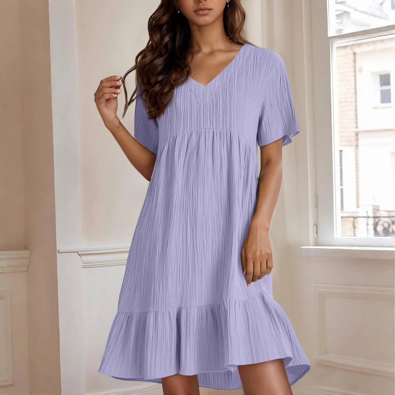 Женское летнее мини-платье свободного кроя V-образным вырезом, A007-light Purple — фото 2