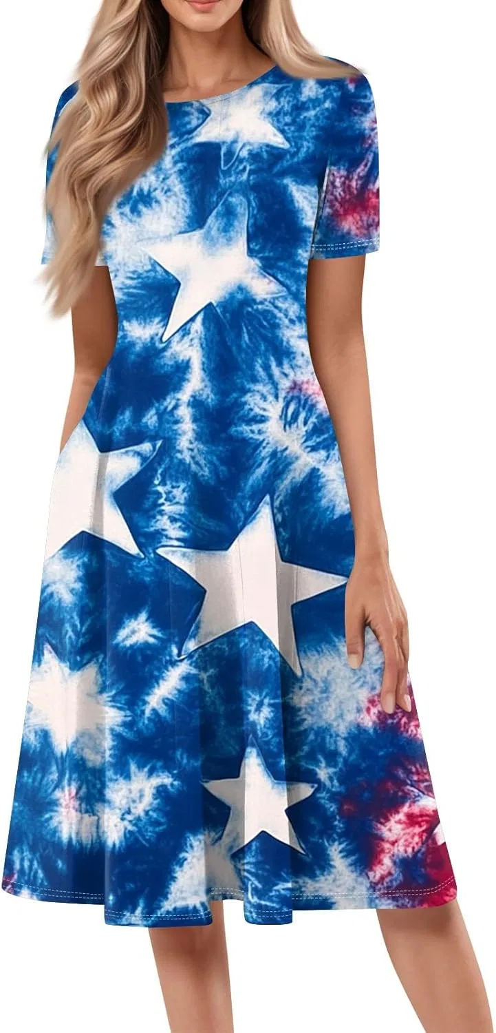 Женское повседневное платье миди с принтом, American Flag Flowy, Dark Blue