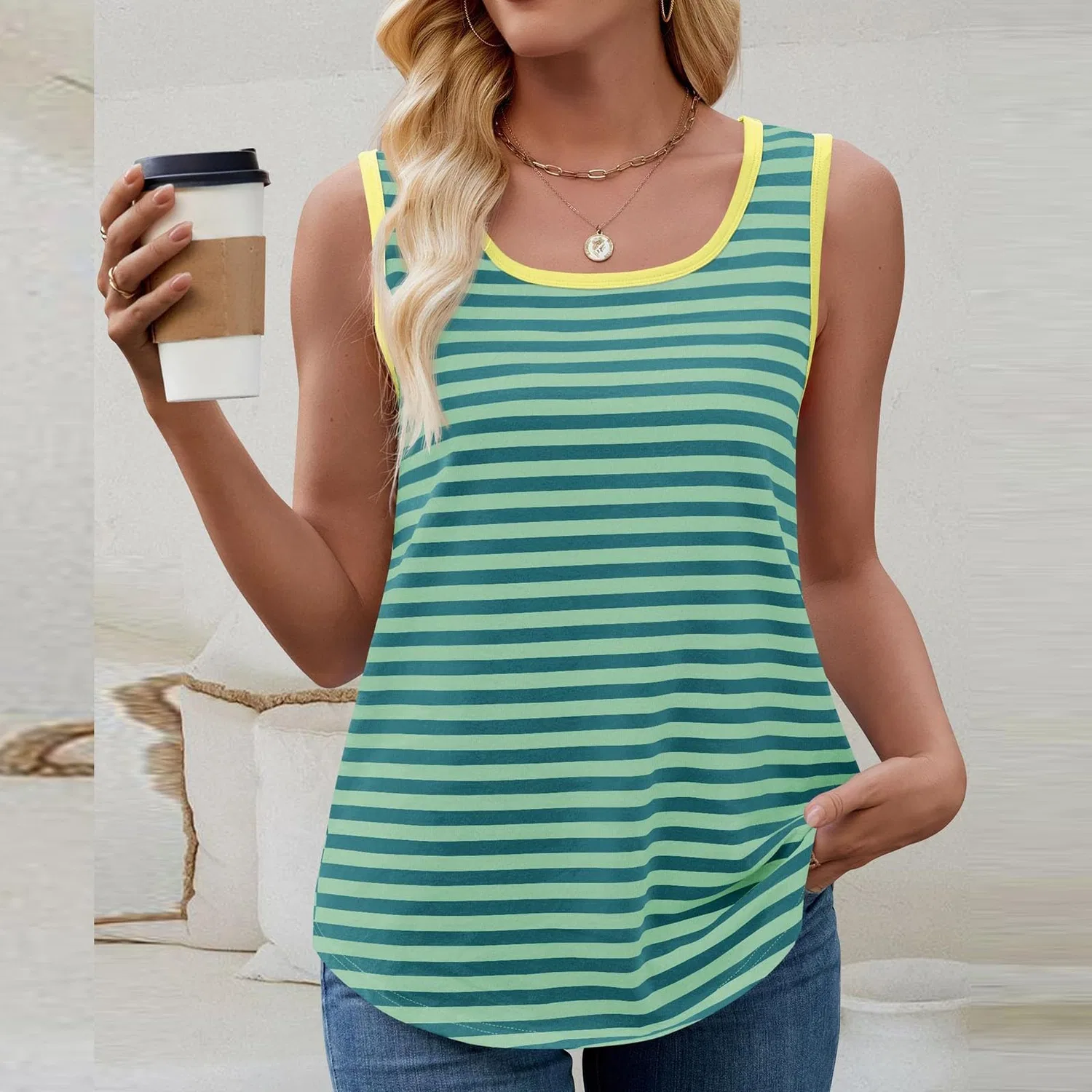 Женская блузка с длинным рукавом с принтом Women Tank Tops U-Neck Sleeveless Slim Striped Elegant Striped Party Tank Tops, Green — фото 3