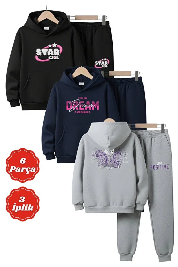 Детский комплект спортивных костюмов для девочек с принтом 3 iplik k hooded ş fleece-lined thick winter print detailed kangaroo pocket 6 piece girls' tracksuit set Fyk Kids, Black-Blue-Grey
