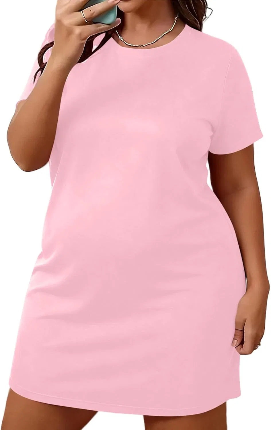 Женское платье-футболка с коротким рукавом, модель с круглым вырезом, Pink