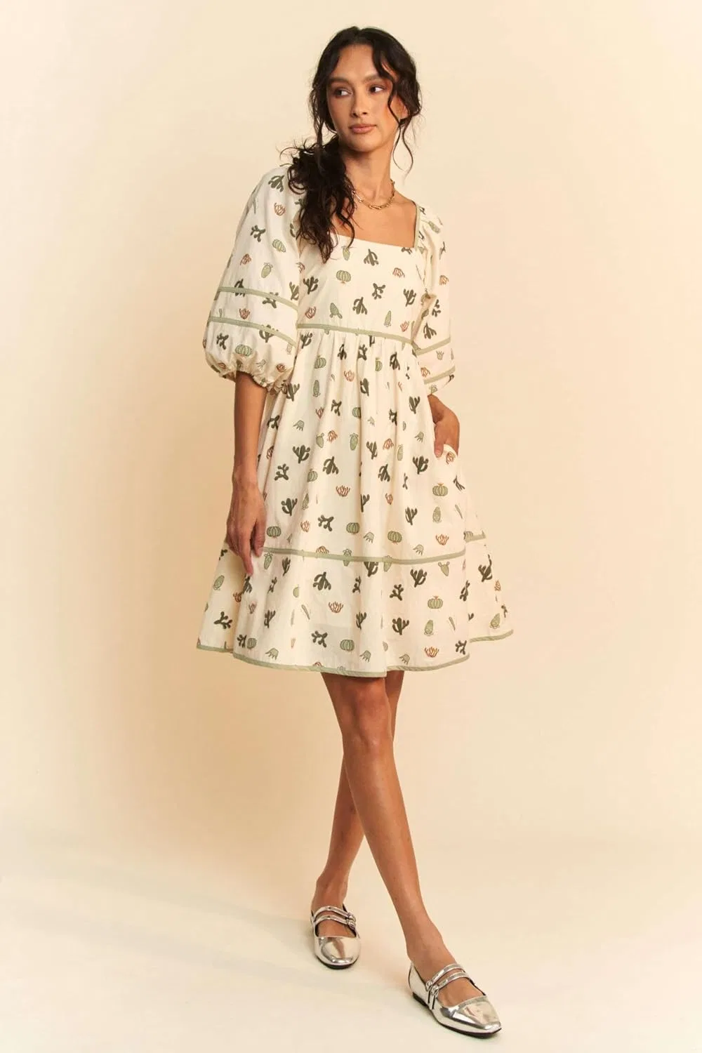 Женское мини-платье с принтом кактусов и тыкв Poplin, Cream/Green — фото 3