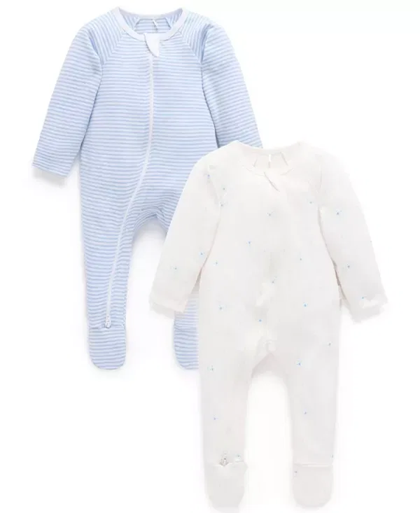 Детский комбинезон на молнии с длинным рукавом Boys' 2 pack zip footie - baby Purebaby, Pale Blue Bear Pack