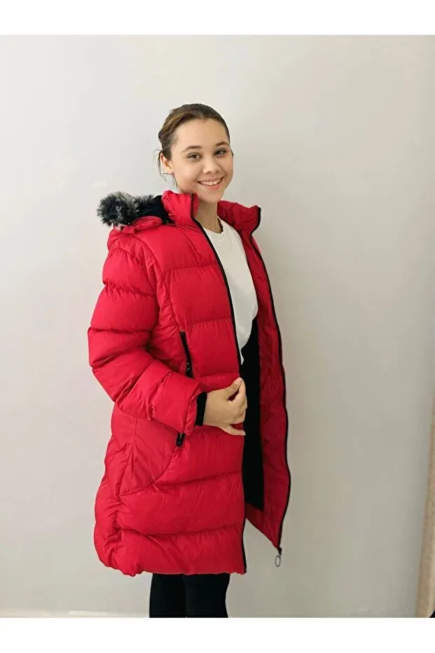 Детское зимнее пальто-пуховик для девочек с длинным рукавом Free Arslan Collection, Red — фото 2
