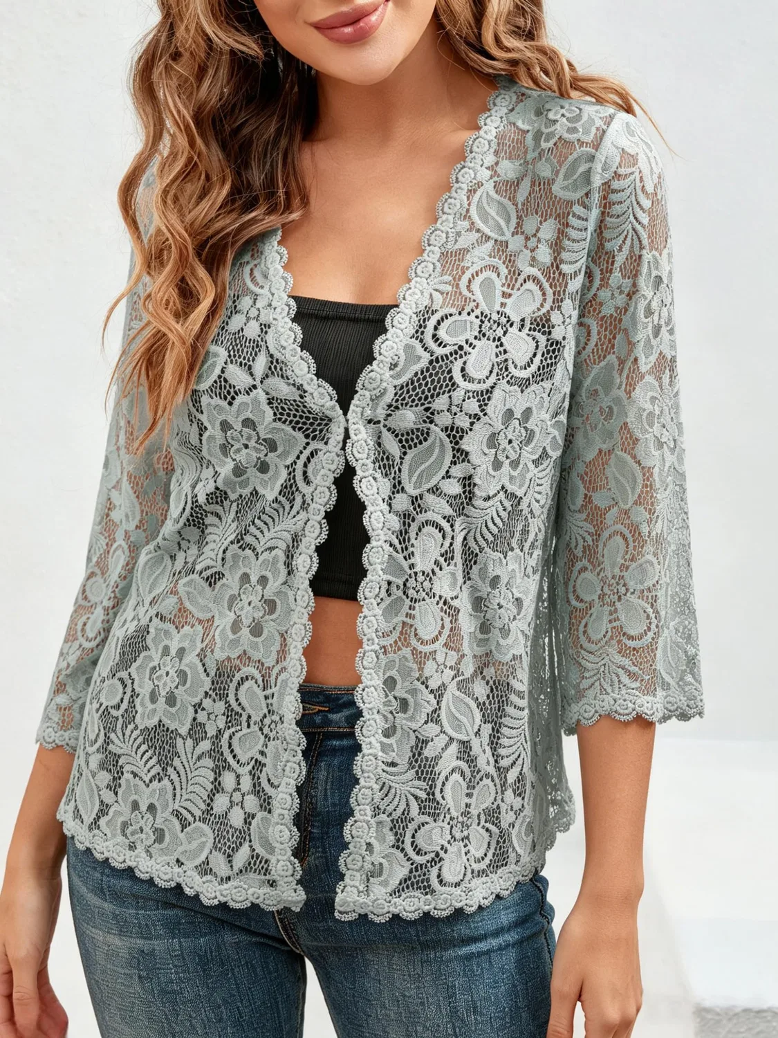 Женский кардиган с цветочным кружевом с рукавом 3/4, модель Bolero, Gray — фото 3