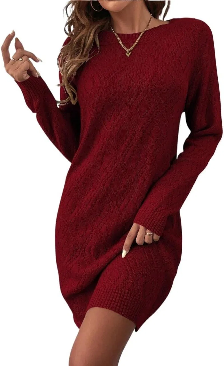 Женское трикотажное платье Casual Solid Color Knitted Dress, Burgundy