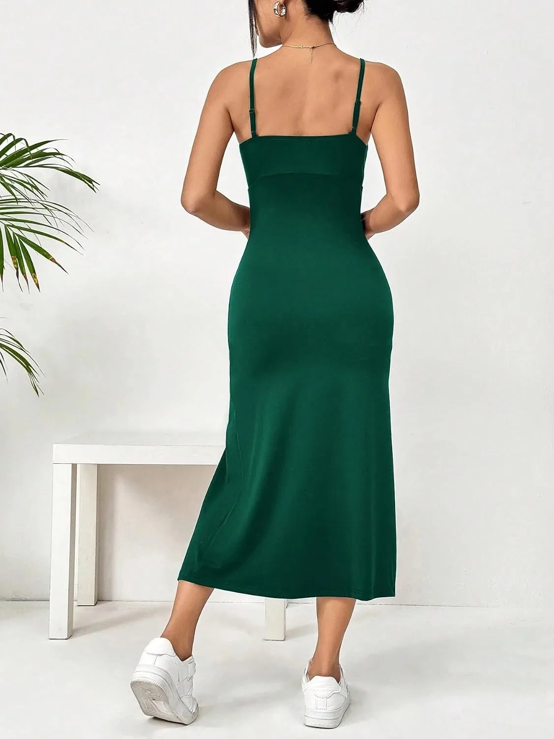Женское миди платье с высоким разрезом на бретелях, Dark Green — фото 3