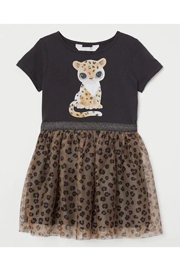 Детское платье для девочек с принтом Leopard Detailed Tulle Dress Pink Hippo Kids, Leopard — фото 4