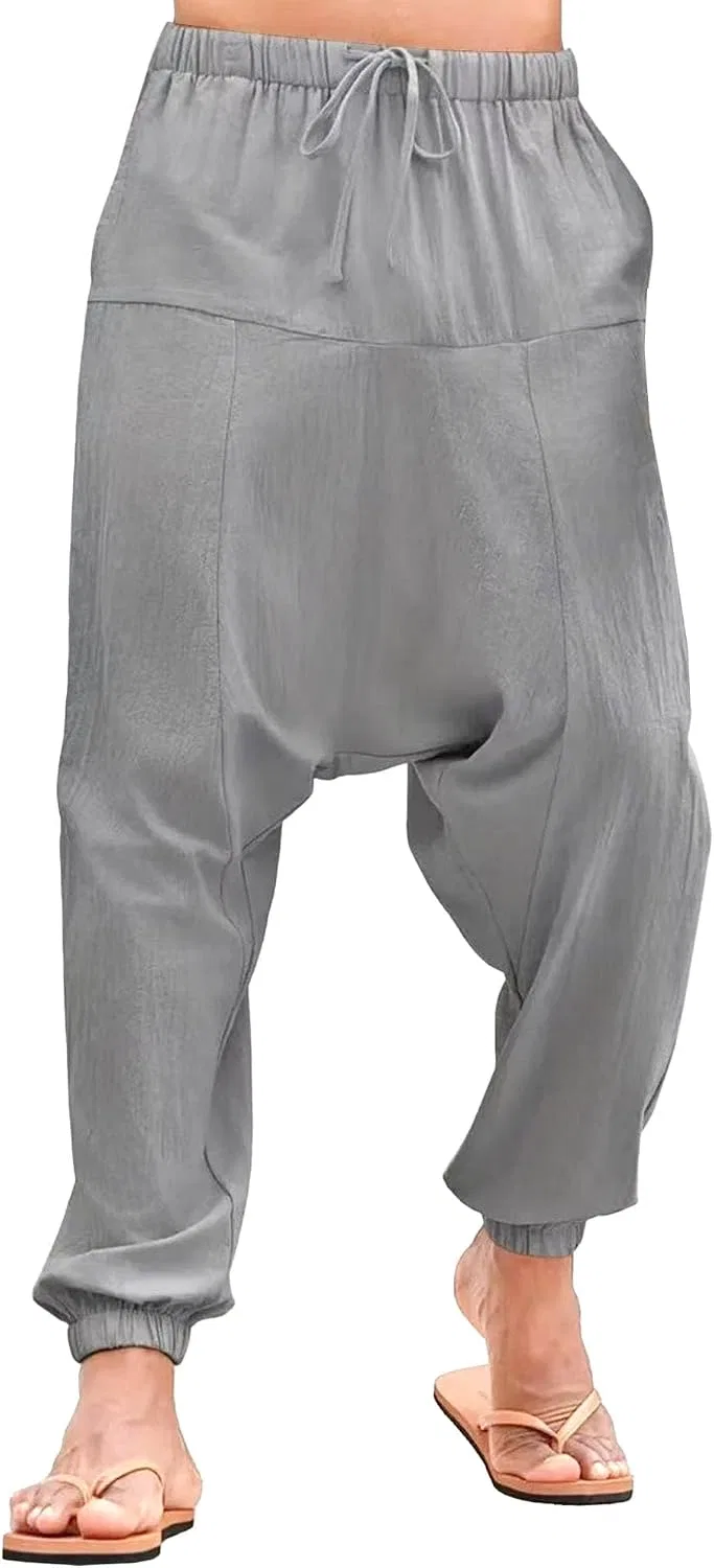 Мужские хлопковые брюки-алладины с принтом, светло-серый