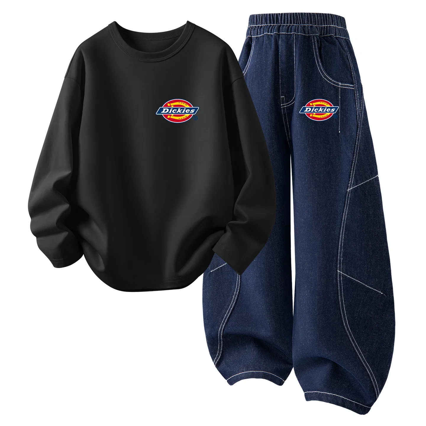 Детский комплект из футерованной кофты и джинсовых брюк, модель Standard Thick K White+Silicone Standard K Denim Dark Blue, Dickies, Black — фото 4