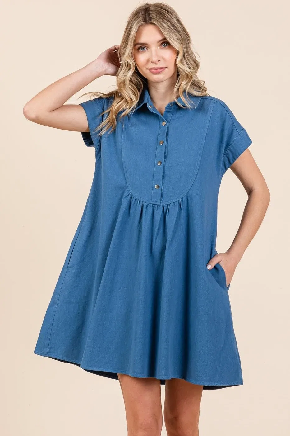 Женское мини-платье с воротником и пуговицами Twill Short Sleeve Collared Mini Dress, Denim — фото 3