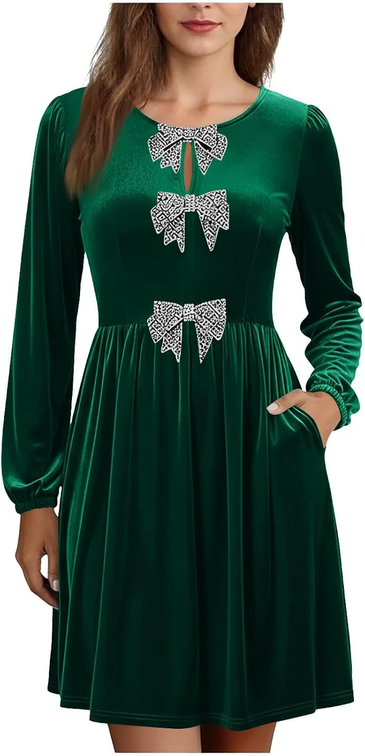 Женское платье миди с бантом A-line, Green