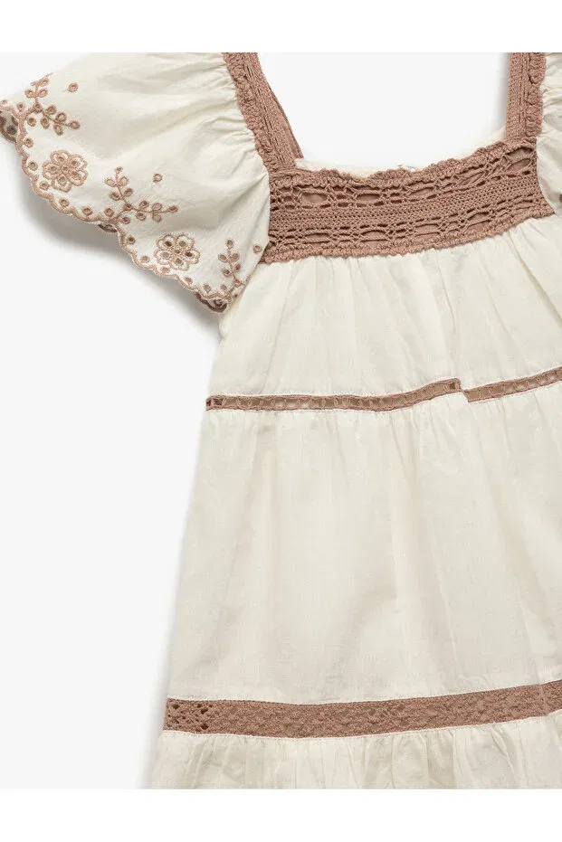 Детское платье для девочек с коротким рукавом Cotton Square Collar Short Sleeve Brode Embroidered Dress Koton, Ecru — фото 3