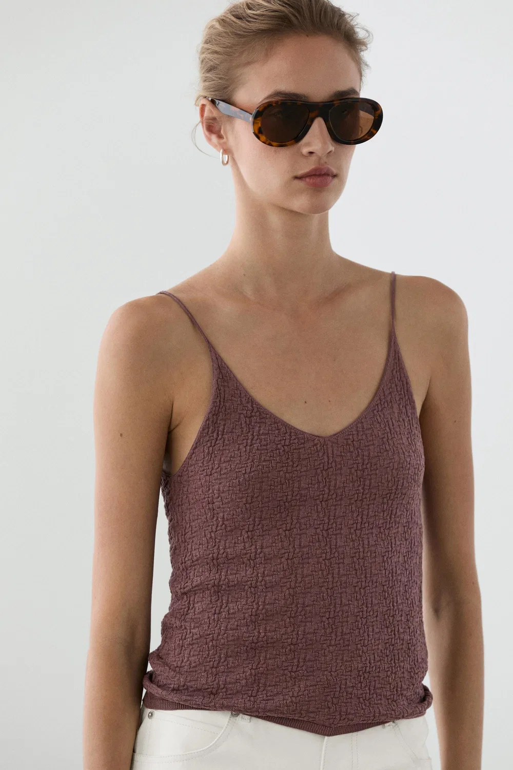 Топ Massimo Dutti, хлопковый фактурный топ на бретелях, розовый
