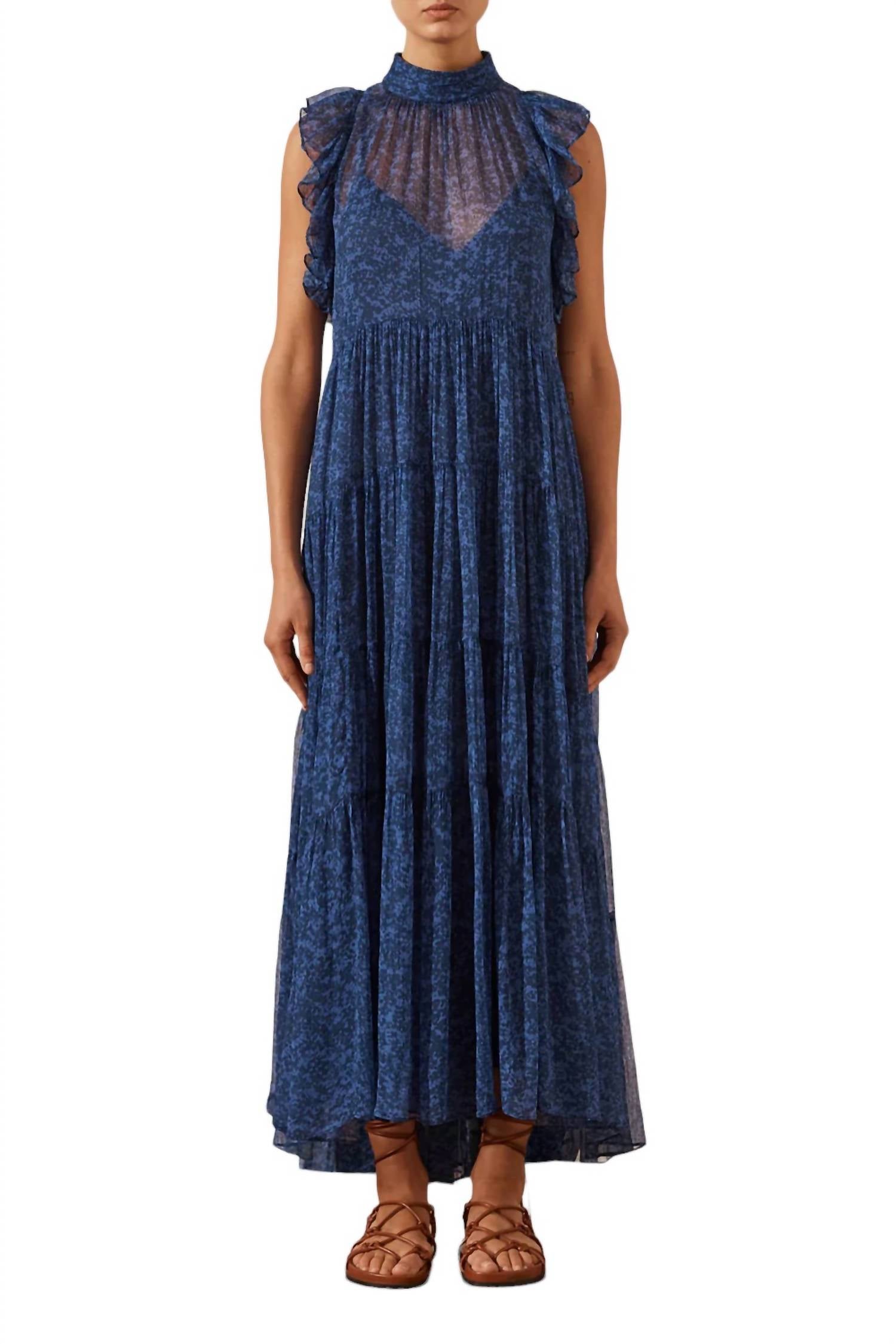 

Салданья платье макси с высоким воротником и ярусами в синем цвете Shona Joy