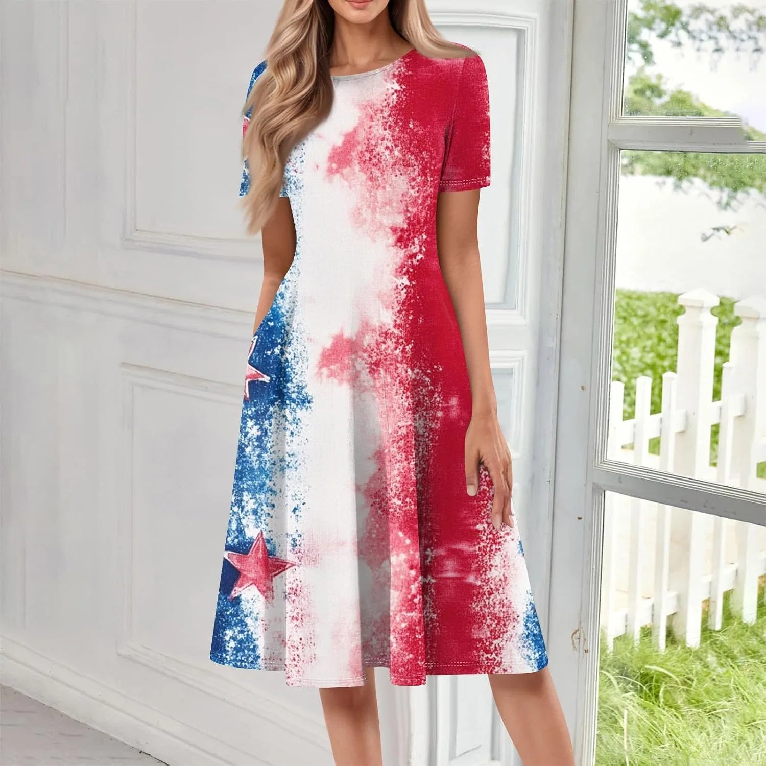 Женское повседневное платье миди с принтом звезд и мазков, American Flag Flowy Patriotic Dress, Vermilion — фото 2