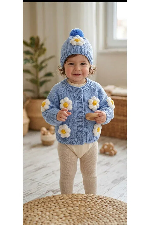 Детский кардиган с цветочным принтом Care Hand-Knitted baby cardigan handmade Hobilanka, Blue