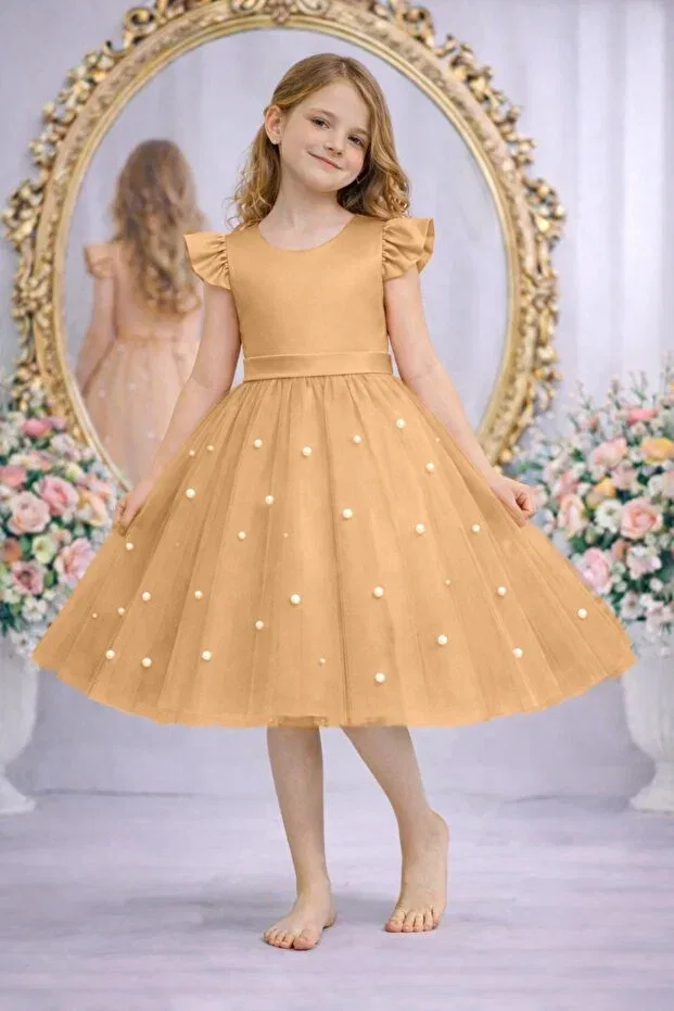 Детское платье для девочек с пышным рукавом Suneh, Tan Color