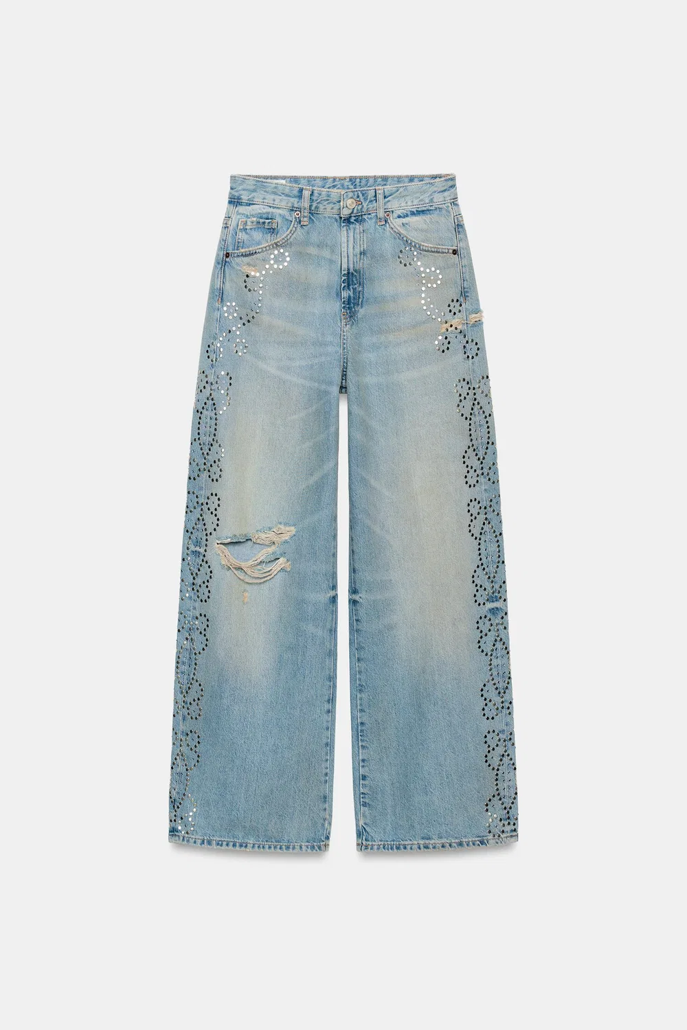 Джинсы TRF с рваными заклепками и широкими штанинами ZARA, Light blue — фото 4