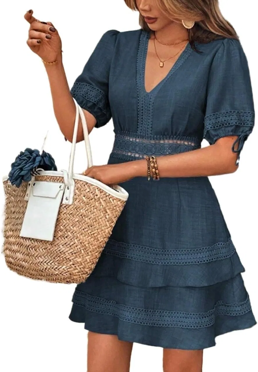 Женское короткое платье A-силуэта с кружевом Generic, Dusty Blue