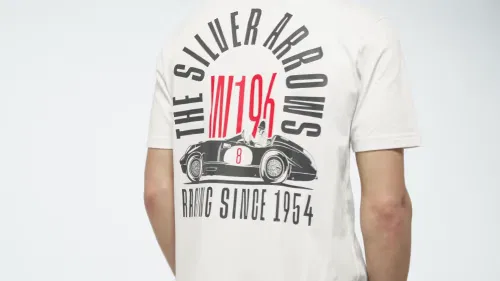 Мужская футболка с графическим принтом Mercedes - AMG Petronas Formula 1 Team Silver Arrows 1955 Adidas Performance, Off White/Granite — фото 2