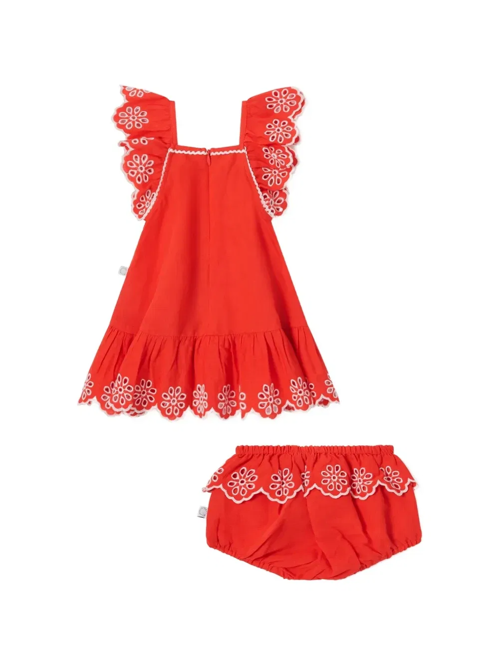 Комплект из трусиков-«бумеров» и платья с рюшами из прошвы Stella McCartney Kids, красный