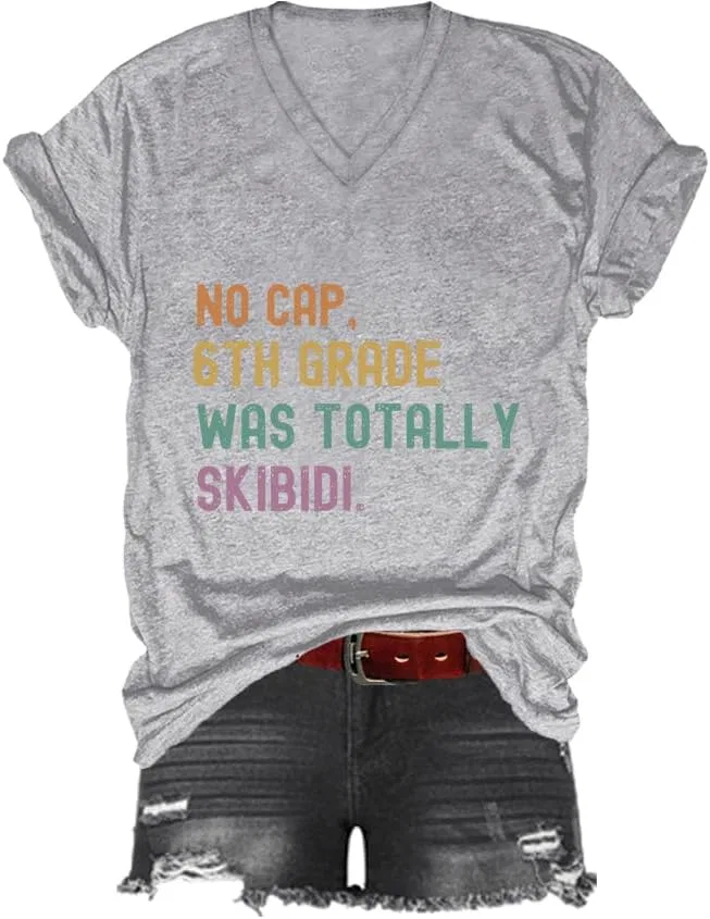 Футболка с принтом V-образным вырезом No Cap Totally Skibidi Teacher, Grey