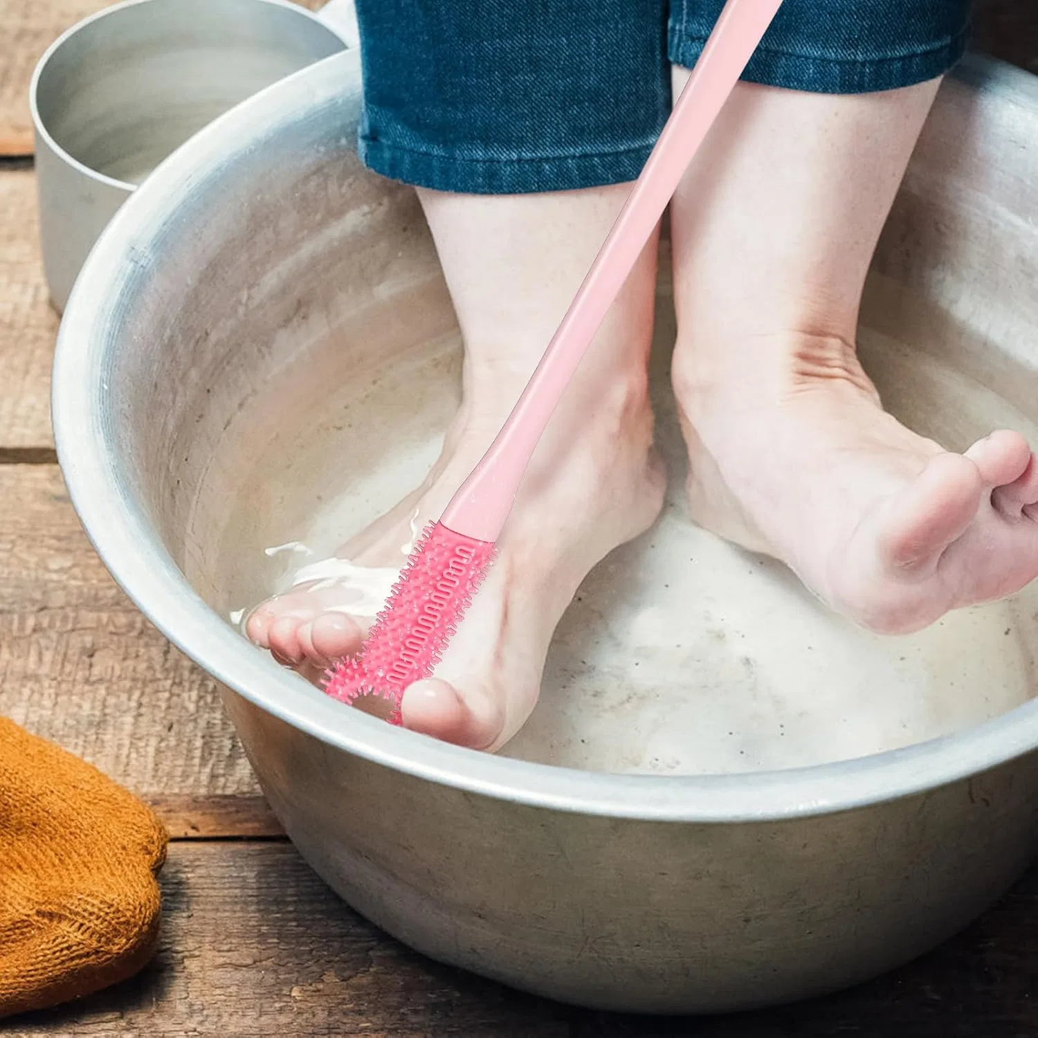 Щетка для ног с длинной ручкой, мягкий силикон, набор из 4 цветных щеток, Hohopeti, 39.8x3.6x1.2 см — фото 4