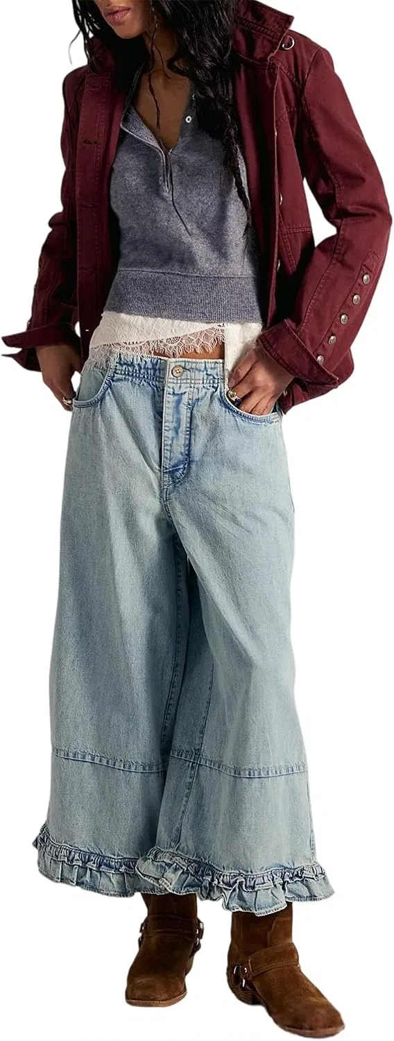 Женские джинсы с рюшами по низу, свободные, Wide Leg, светло-синий