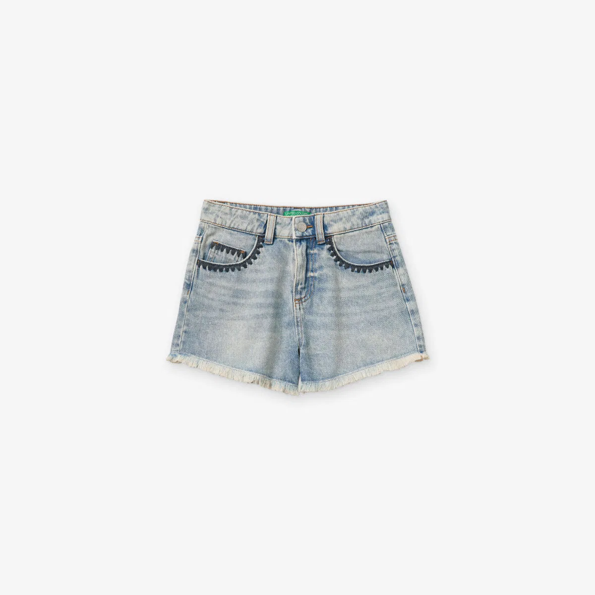 Джинсовые шорты с вышивкой и эффектом потертости, размер 6-13 лет Benetton, синий