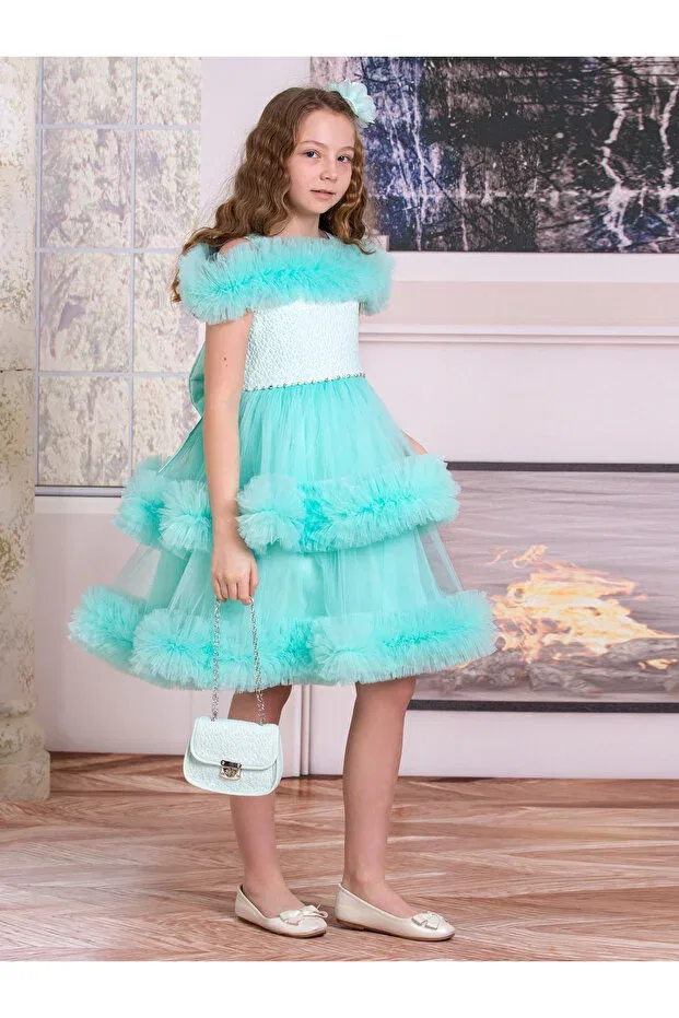 Детское платье из фатина для девочек без рукавов Süslü Pink Kids, Water Green — фото 2