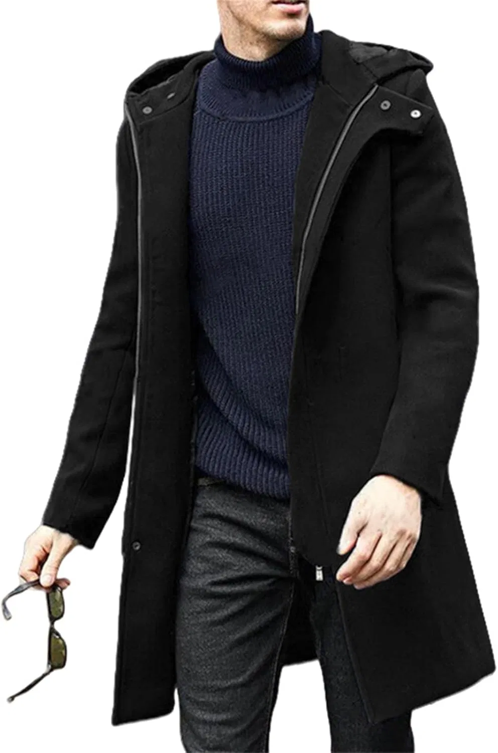 Мужское пальто из шерстяной смеси с капюшоном, Slim Fit, чёрный — фото 4