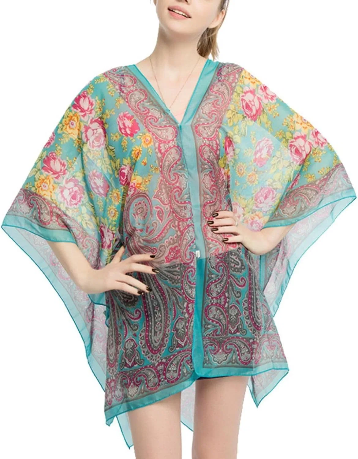Женская пляжная накидка с V-образным вырезом, пайсли, Chiffon, Mint