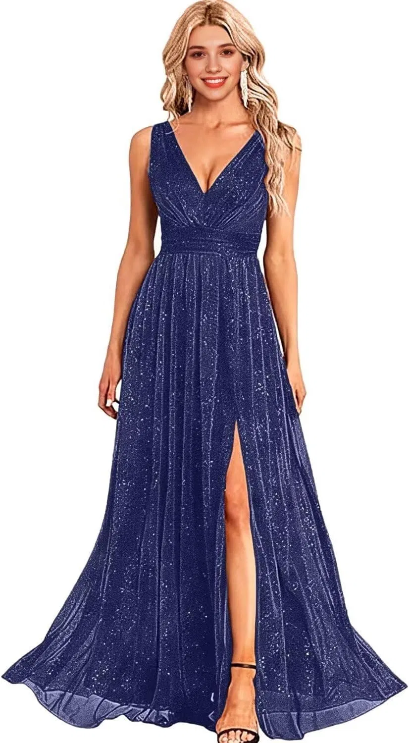 Женское вечернее платье с блестками A-line V-образным вырезом, Navy Blue