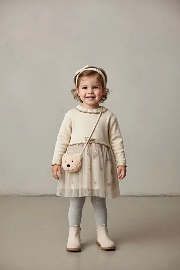 Детский комплект для девочек с принтом Teddy Bear Bag and Tulle Skirt Minigimin Cicileri, Cream — фото 2