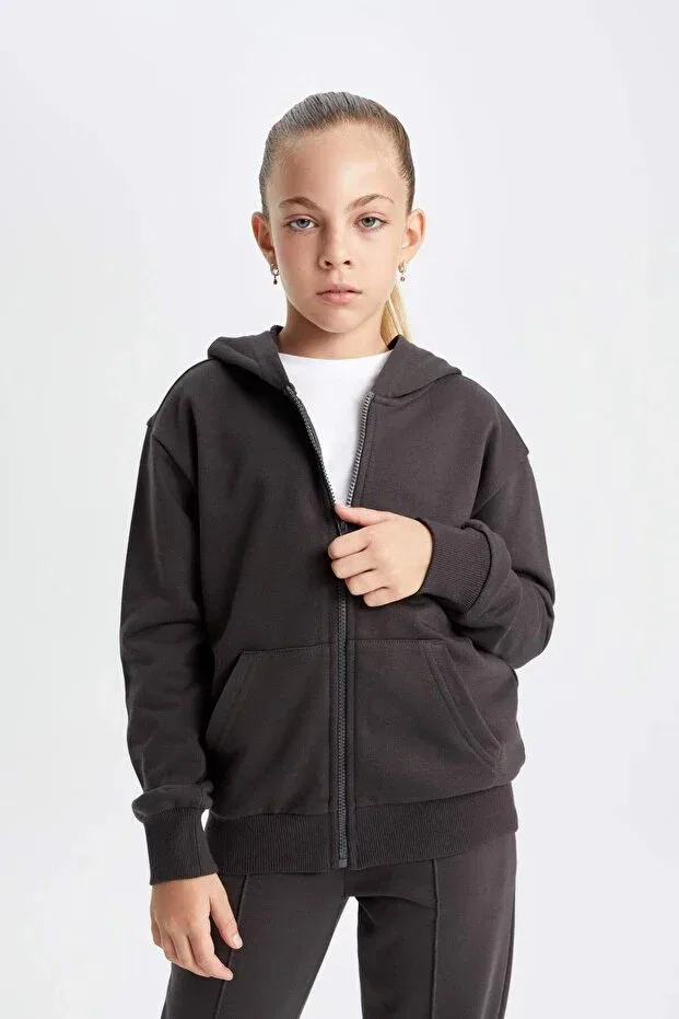Детский кардиган на молнии с капюшоном Anthracite Basic Plain Hooded Zippered School Cardigan for Girls Defacto, Anthracite-Ar227 — фото 3