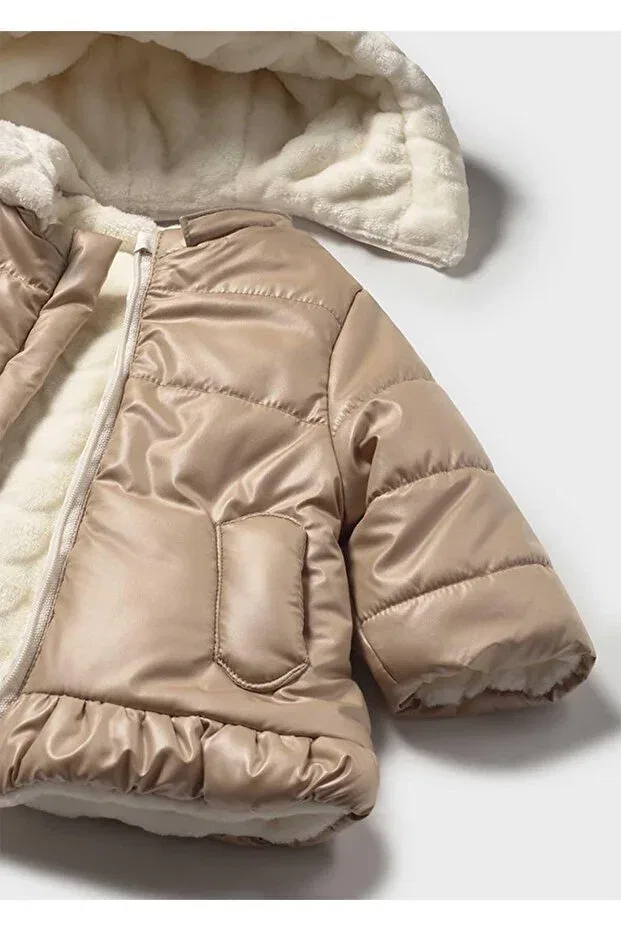 Детское зимнее пальто для девочек двустороннее Winter baby girl reversible coat Mayoral, Beige — фото 3