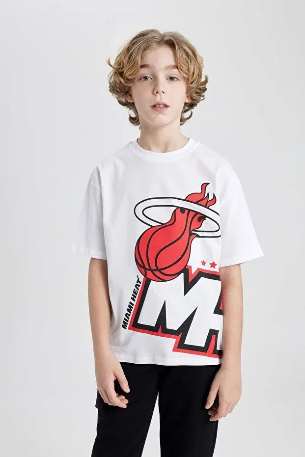 Детская футболка для мальчиков с принтом NBA Miami Heat Oversize Crew Neck Short Sleeve Defacto, White-Wt34