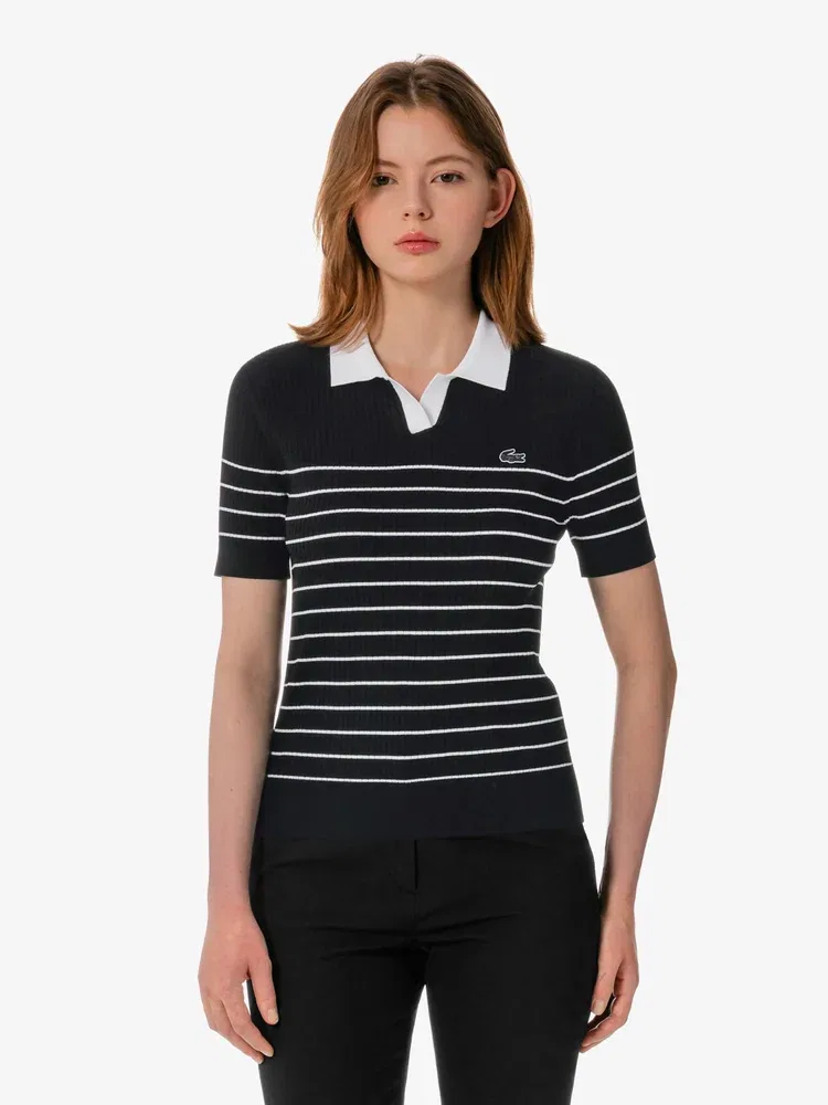 Свитер поло LACOSTE Black с фактурным полосатым узором