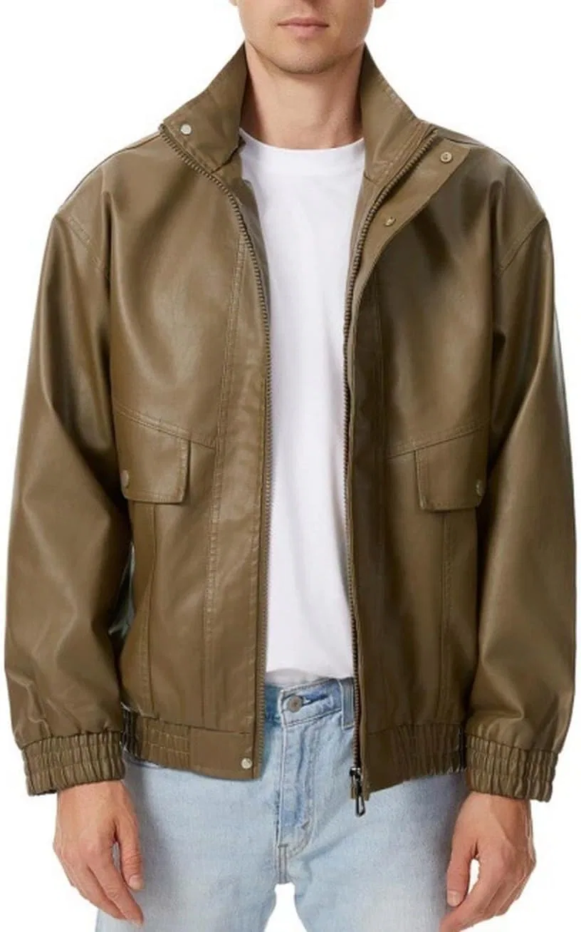 Мужское пальто из кожзаменителя с лацканами, модель Leather Bomber Jackets — фото 3
