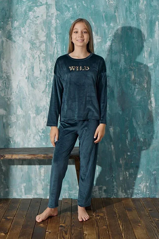 Детская пижама для девочек с принтом Petrol Wild Patterned Exclusive Velvet Pijamaevi, Oil Green — фото 2