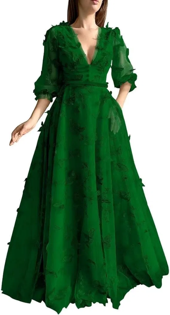 Женское вечернее платье с пышными рукавами 3D бабочка, Emerald Green