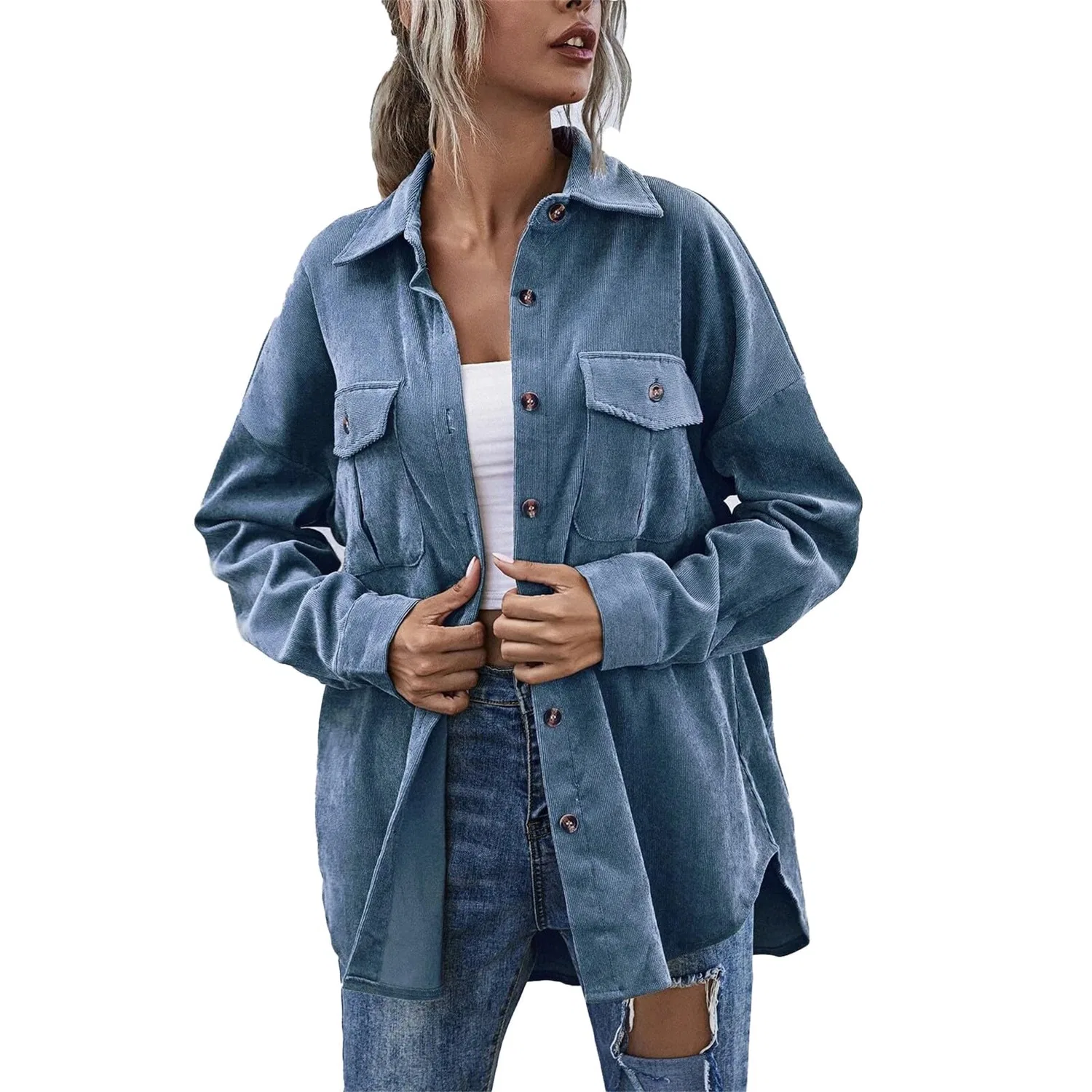 Женское пальто из вельвета с длинным рукавом, Azzurro