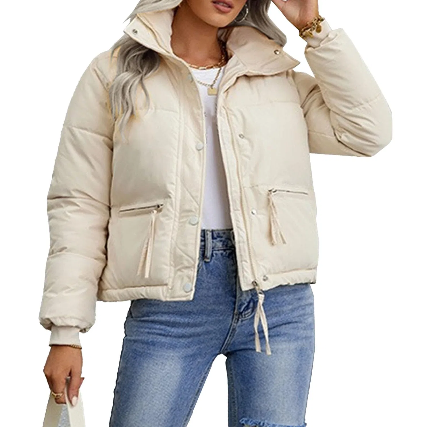 Женское короткое стеганое пальто с принтом, Beige