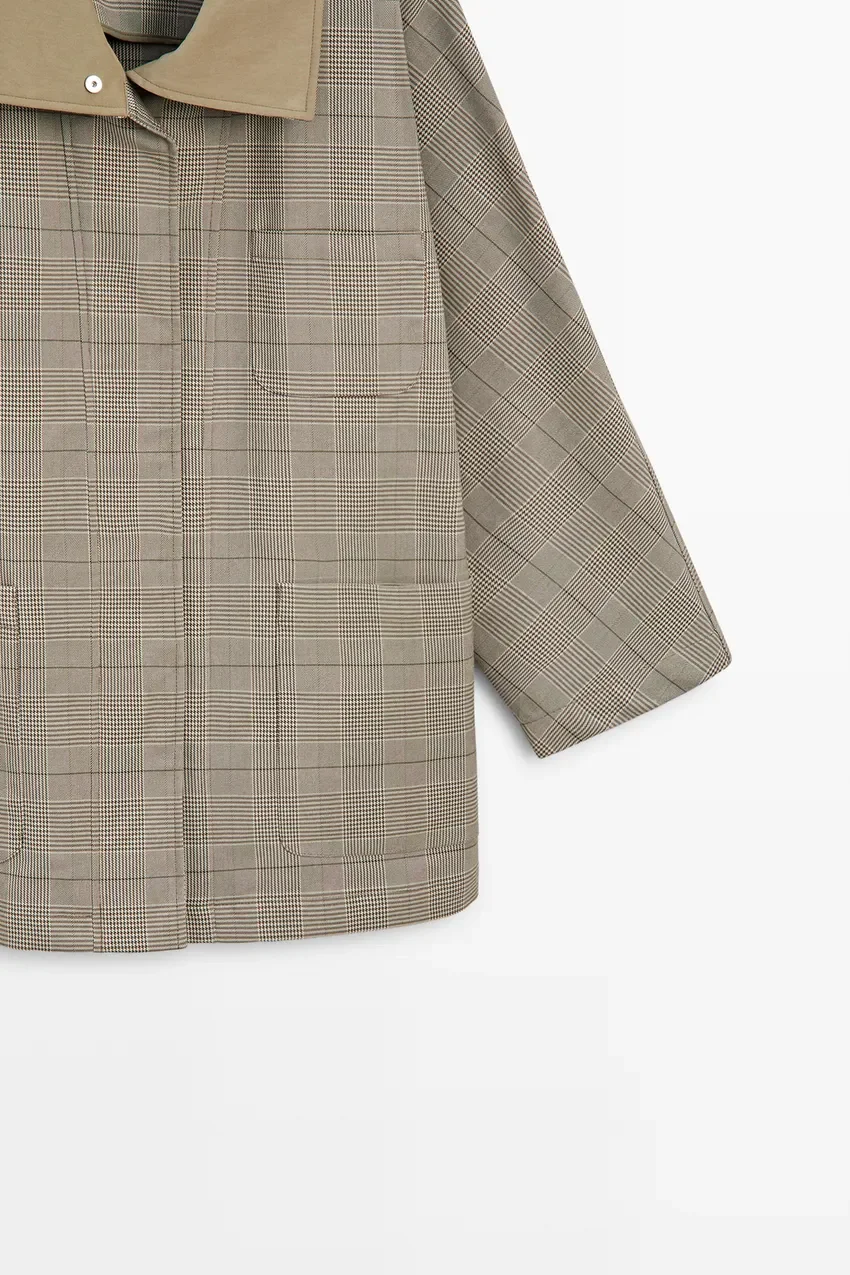 Жакет Massimo Dutti Cotton Blend Plaid High Neck, хаки — фото 4